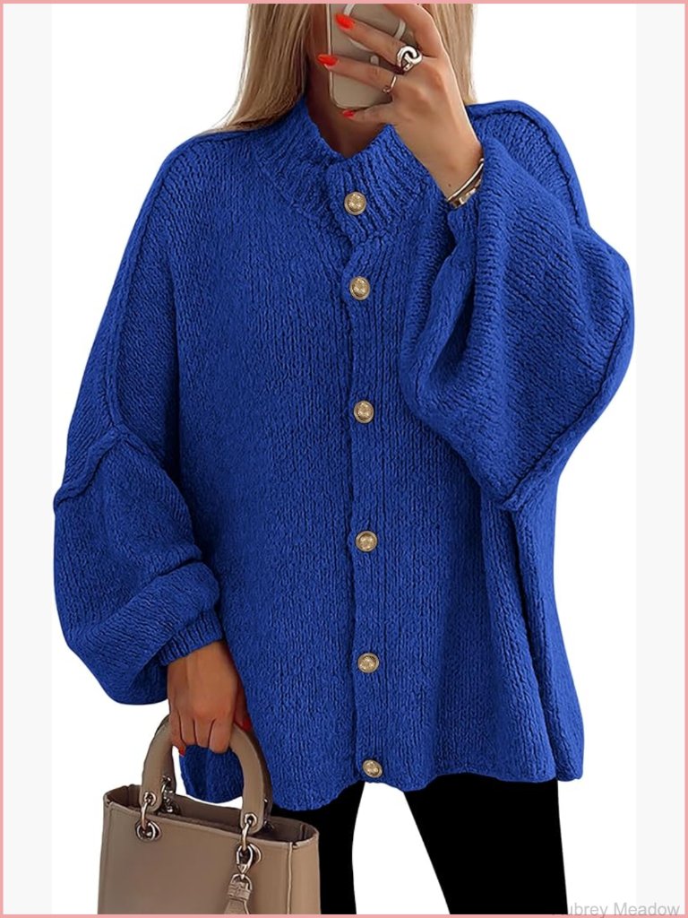 Women's Mock Neck Lantern Sleeve Chunky Knit Cardigan Sweater Button Down Open